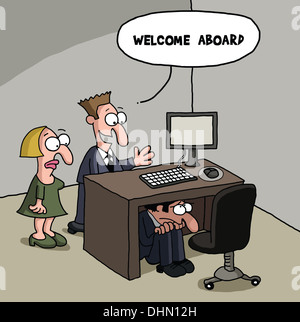 Cartoon gag circa un nuovo ufficio maschio lavoratore Foto Stock