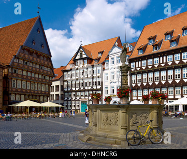 La piazza del mercato con le macellerie' Guild Hall Hauser, Stadtschänke, tessitori Guild Hall, Hildesheim, Germania Foto Stock