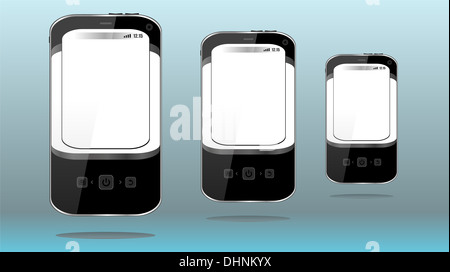 Telefoni intelligenti impostati su un astratto sfondo blu Foto Stock