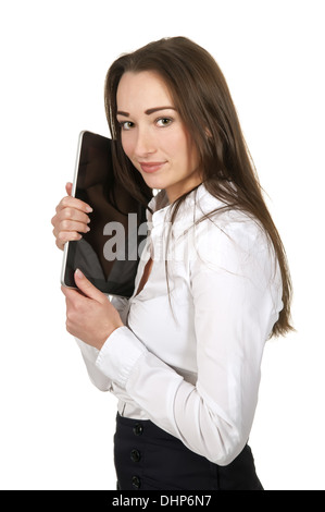 Imprenditrice abbracciando digital-tablet Foto Stock