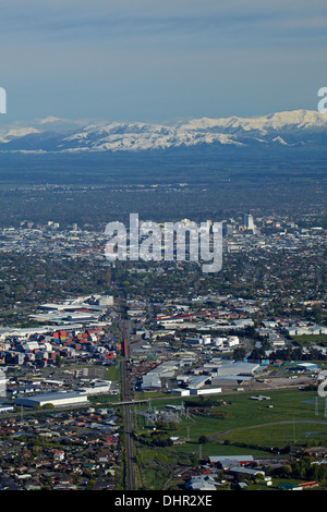 Hillsborough zona industriale, Christchurch CBD e Sotuehrn Alpi, Canterbury, Isola del Sud, Nuova Zelanda Foto Stock