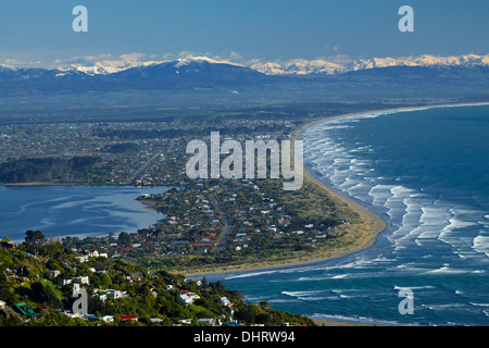 Bocca di Avon e Heathcote fiumi e nuova spiaggia di Brighton, Christchurch, Canterbury, Isola del Sud, Nuova Zelanda Foto Stock