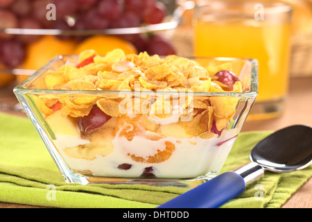 Frutta fresca (banana, mela, mandarino e uva) con fiocchi di mais e latte (messa a fuoco selettiva, messa a fuoco sulla parte anteriore della tazza) Foto Stock