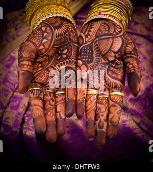 Splendidamente decorate mani indiane con mehandi fatto tipicamente per matrimoni Foto Stock
