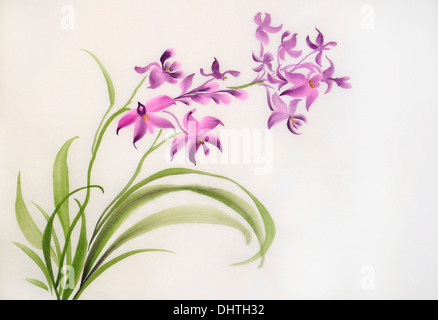 Acquarello dipinto originale di viola selvatica orchidee - stile asiatico la pittura di orchidee viola. Foto Stock