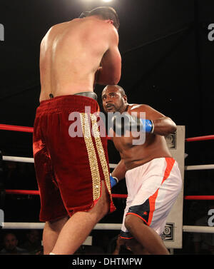 Razvan Cojanu VS David Johnson Sugar Ray Leonard ospita 3° annuale "Big Fighters, Big Cause" pugilato Carità evento tenutosi a Santa Monica Pier Santa Monica, California - 22.05.12 Foto Stock