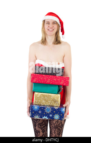Sorridente la sig.ra Claus con un sacco di regali Foto Stock