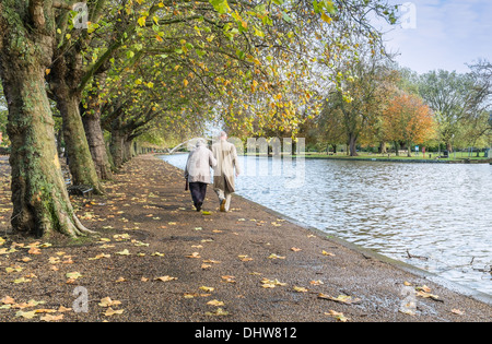 Una coppia di anziani sulla strada di casa in una giornata autunnale Foto Stock