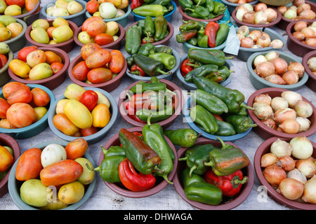 I pomodori, i peperoni e le cipolle vendute su un mercato di Salvador Foto Stock