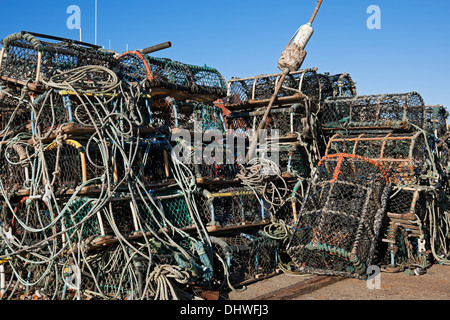 Aragosta & e granchio pentole sul molo Seafishing attrezzatura da pesca Whitby North Yorkshire Inghilterra Regno Unito GB Gran Bretagna Foto Stock