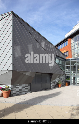 Rivestimento di zinco utilizzato sulla parte esterna di una nuova scuola assembly hall a Pimlico Academy di Londra centrale Foto Stock