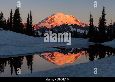 Presto la luce sul Monte Rainier riflessa nella parte superiore del lago Tipsoo all'alba, e il Parco Nazionale del Monte Rainier, la cascata di gamma, Washington. Foto Stock