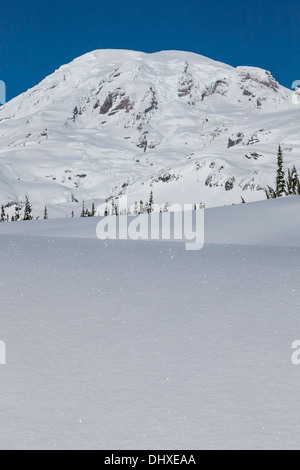 Il monte Rainier in bilico sopra il luccicante snowpack su Mazama Ridge, il Parco Nazionale del Monte Rainier, Washington. Foto Stock