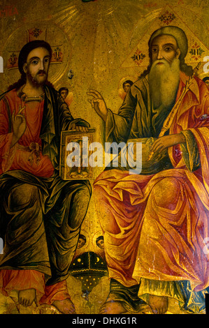 Icona di San Charalampos qui sat con un Cristo come figura trovata in Sevlievo Chiesa Ortodossa di Bulgaria. Arte religiosa Foto Stock