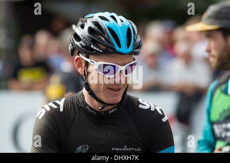 Vincitore del Tour de France Chris Froome all inizio del Grand Prix Cycliste de Québec. Settembre 13, 2013. Foto Stock