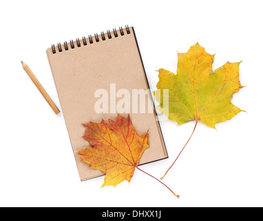 Carta marrone blocco note con matita e foglie di autunno. Isolato su sfondo bianco Foto Stock