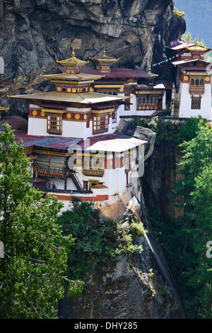 Tiger's Nest,10,180 piedi alto,due ore di escursione,boschi di alberi,nebbie,cliffhanger,pellegrinaggio buddista,molto sacro luogo santo,Paro Bhutan Foto Stock