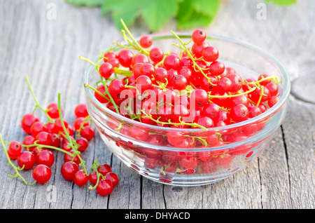 Ribes rosso in recipiente di vetro sul giardino in legno Foto Stock