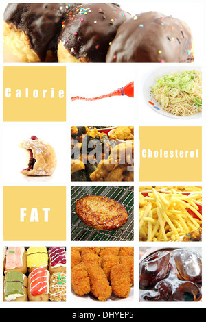 Mix Picture junk food per la salute nel telaio di sfondo. Foto Stock