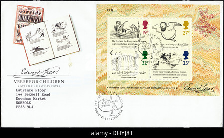 Commemorative Royal Mail 19p 27p 32p e 35p francobollo primo giorno coperchio per Edward Lear versetto per bambini problema farà fede il timbro postale Londra 27 Settembre 1988 Foto Stock