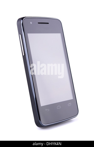 Smartphone nero su sfondo bianco Foto Stock