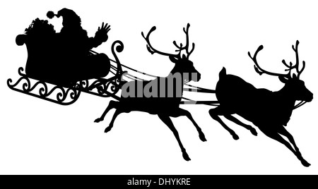 Santa Sleigh Silhouette illustrazione di Babbo Natale nella sua slitta volando attraverso il cielo viene tirato dalla sua renna Foto Stock