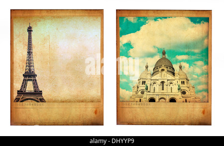 Coppia di due vintage foto di Parigi con la Torre Eiffel e il Sacre Coeur isolato su bianco Foto Stock