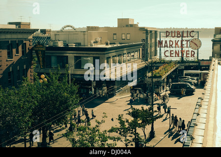 Vista sul tetto di Pike Market, Seattle Foto Stock