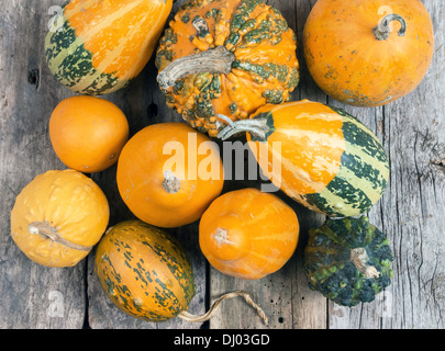 Le zucche su una tavola di legno , backrounds Foto Stock