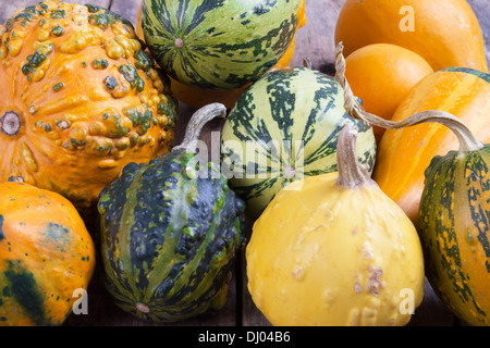 Le zucche su una tavola di legno , backrounds Foto Stock