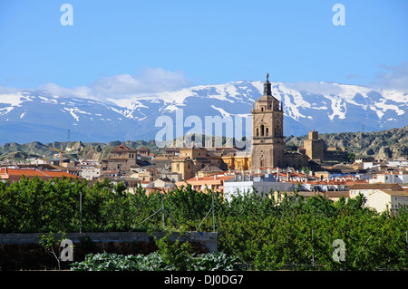 Vista della città e la Cattedrale con le montagne innevate della Sierra nevada al posteriore, Guadix, Andalusia, Spagna. Foto Stock