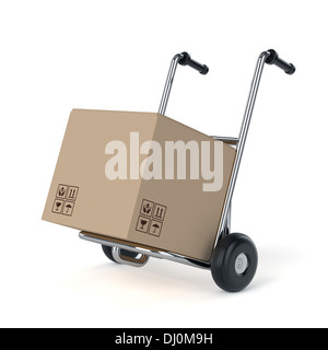 Metallo carrello a mano con confezione di cartone scatole. Isolato su sfondo bianco Foto Stock