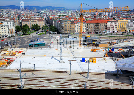 Costruzione di Wien Hauptbahnhof (stazione ferroviaria centrale), Vienna, Austria Foto Stock