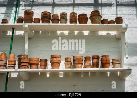 Usato ma pulito vuoto di terracotta vasi di argilla su scaffali in serra Foto Stock