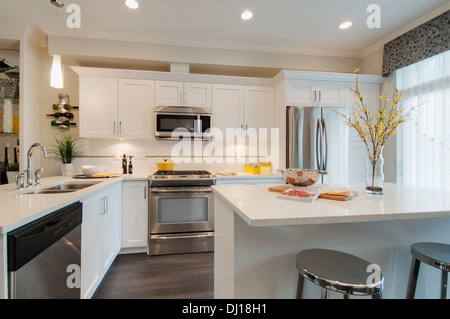 Interno della cucina moderna con isola; Surrey, British Columbia, Canada Foto Stock