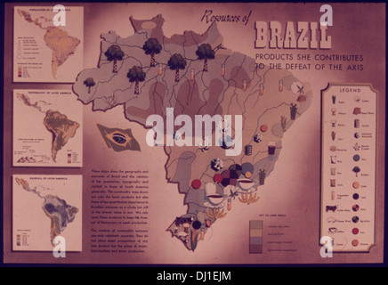 Un manifesto di propaganda della seconda guerra mondiale incentrato sulle risorse del Brasile, promuovendo l'idea di utilizzare risorse straniere per sostenere lo sforzo bellico alleato. Il manifesto incoraggia i cittadini a contribuire alle campagne nazionali di difesa e produzione, sottolineando l'importanza della cooperazione internazionale. Foto Stock