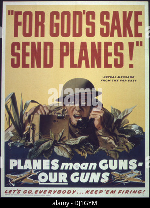Questo manifesto propagandistico dell'era della seconda guerra mondiale chiede un sostegno immediato alla produzione e alla consegna di aerei militari. Sottolinea l'urgente necessità di un maggior numero di aerei per sostenere lo sforzo bellico. Foto Stock