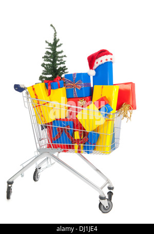 Doni voor Natale in rosso, blu e giallo con struttura ad albero e cappello di Babbo Natale Foto Stock