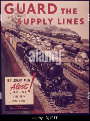 Questo poster propagandistico della seconda guerra mondiale esorta i cittadini a proteggere le linee di approvvigionamento vitali. Sottolinea l'importanza degli sforzi sul fronte interno nel sostenere la produzione bellica, i giardini della vittoria e i legami di guerra, evidenziando temi di patriottismo e segretezza. Il manifesto faceva parte di una campagna di propaganda interna volta a promuovere la conservazione, il reclutamento e il supporto dei media per la causa alleata. Foto Stock