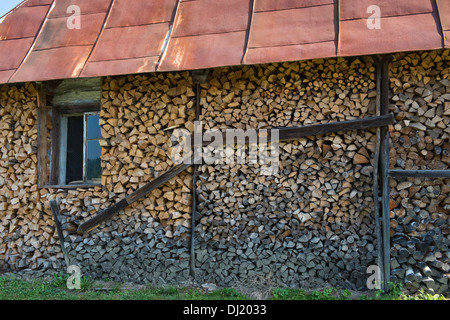 La legna impilate ordinatamente intorno al palazzo Stewkowa Dolna Bieszczady Parco Nazionale della Polonia in Europa Foto Stock