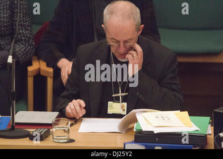 Londra REGNO UNITO. Il 19 novembre 2013. L Arcivescovo di Canterbury Justin Welby assiste l annuale sinodo generale come la chiesa di Inghilterra si prepara per una discussione in merito a se per consentire alle donne vescovi. Foto Stock