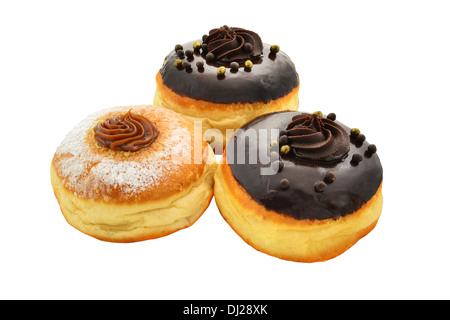 Sufganiyot - ciambelle per Hanukkah. Con il cioccolato nero e dulce de leche. Foto Stock