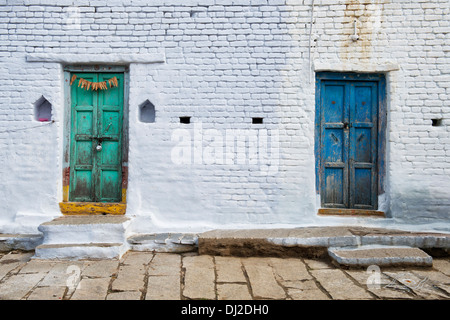 Il vecchio villaggio indiano il blu e il verde casa porte anteriori. Andhra Pradesh. India Foto Stock