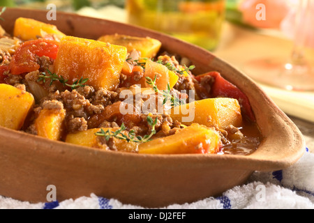 Zucca, pomodoro, macinato e il piatto con il timo fresco (messa a fuoco selettiva, concentrarsi sul pezzo di zucca sulla sommità del pasto) Foto Stock