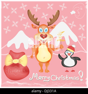 Buon Natale biglietto di auguri con il cervo e il Pinguino simpatici personaggi dei cartoni animati con i fiocchi di neve e presenta borsa Vacanze invernali Foto Stock
