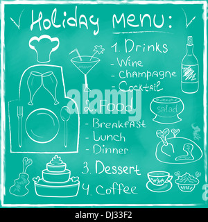 Holiday cibo set menu disegnati a mano sulla lavagna ristorante di design alla moda cibo organico concetto illustrazione Foto Stock