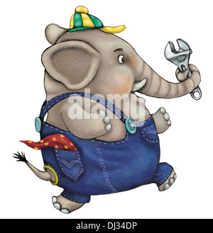 Illustrazione del meccanico elephant tenendo una chiave regolabile durante il funzionamento su sfondo bianco Foto Stock