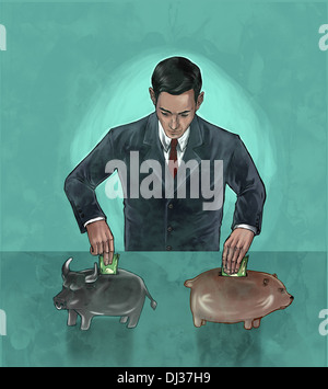 Immagine illustrativa di imprenditore di investire denaro in orso e mercato bull che rappresentano i fondi di copertura Foto Stock