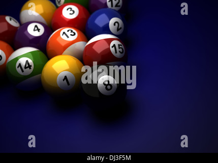 Palle da biliardo su sfondo blu (Computer immagine generata) Foto Stock