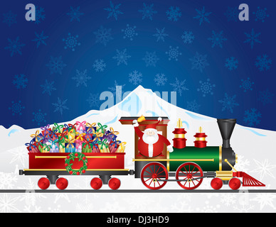 Santa Claus campana che squilla sul treno offrendo regali impacchettati in viaggio sulla neve invernale di scena a notte illustrazione dello sfondo Foto Stock